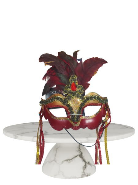 Red and Gold masquerade with feathers