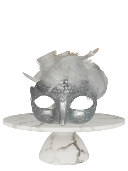 Silver On silver mask with white feathers
