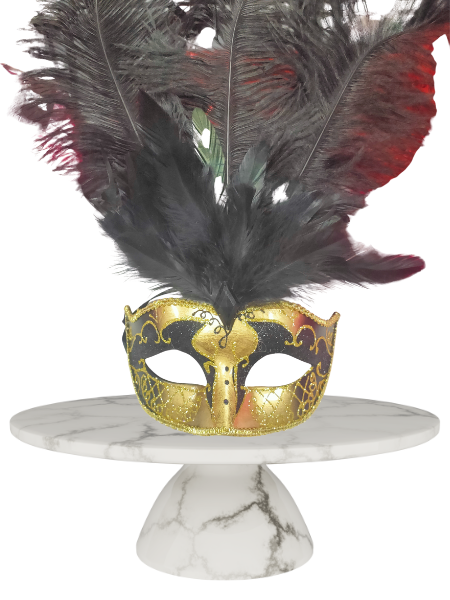 Gold nd black sienna masquerade with feathers