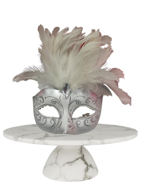 Silver and white deluxe mask with feathers