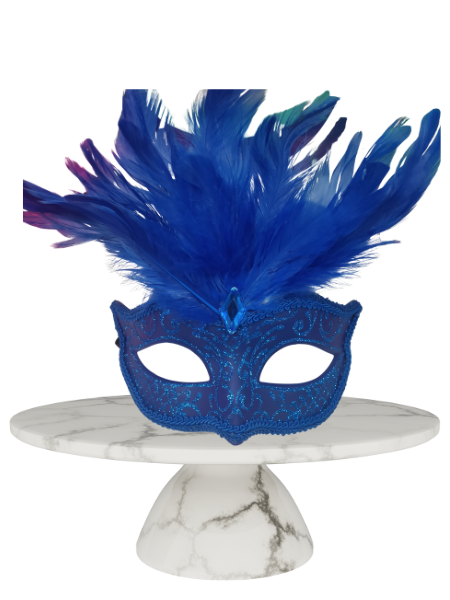 Cobalt blue masquerade mask with feathers