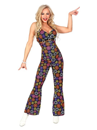 70s Groovy Style - Blue Flowers Jumpsuit - Adult