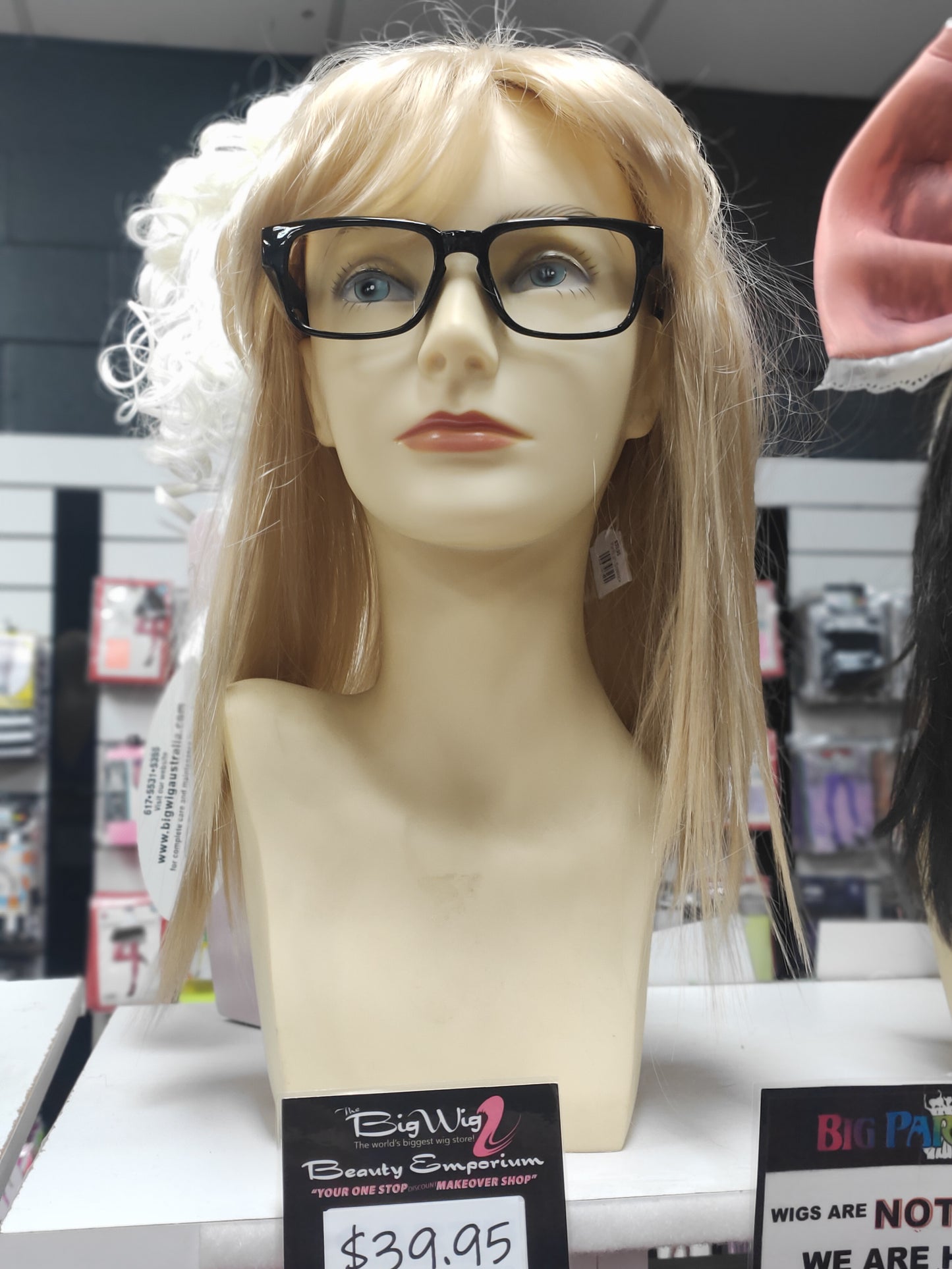 Blonde nerd "Garth" wig party on + glasses