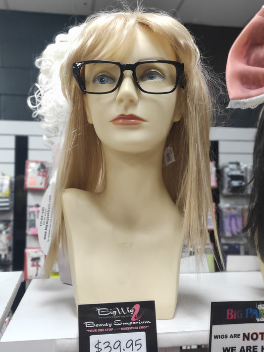 Blonde nerd "Garth" wig party on + glasses