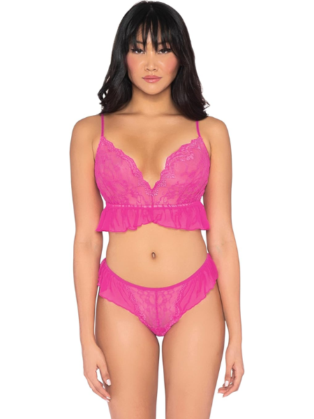 Dreamgirl Stretch Lace & Mesh Two-Piece Set with Ruffle Details Paradise Pink