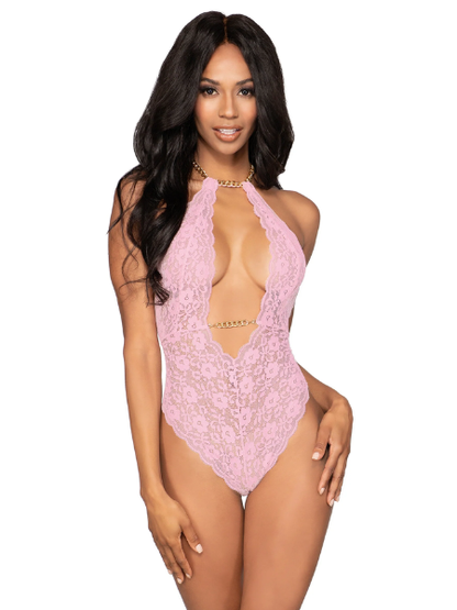 Dreamgirl Stretch Lace Halter Teddy & Collar with Removable Chains