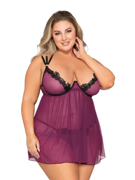 Dreamgirl Plus Size Stretch Mesh Babydoll & G-String Set with Venise Lace Trim