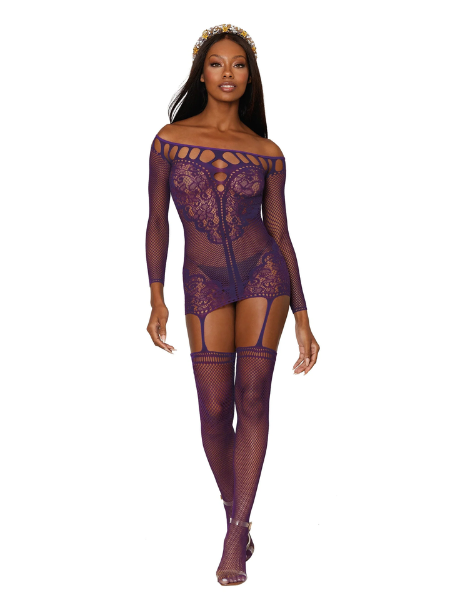 Dreamgirl Fishnet and Decorative Scalloped Lace Garter Dress with Attached Fishnet Stockings