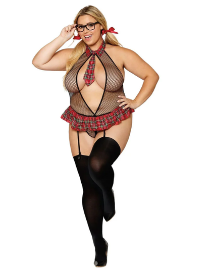 Dreamgirl Schoolgirl-themed fishnet garter teddy set with novelty plastic glasses