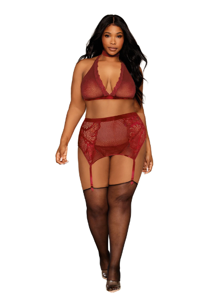 Dreamgirl Plus Size Fishnet & Lace Velvet Trims Halter Bralette & Garter Belt
