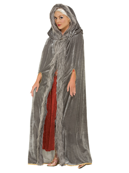 Grey cape with faux fur trim