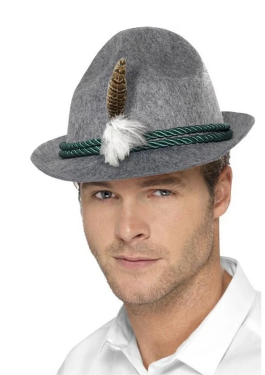 German Trenker Hat with Feather, Grey - Adult