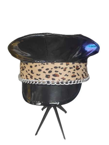 Black PU festival hat with leopard front band.