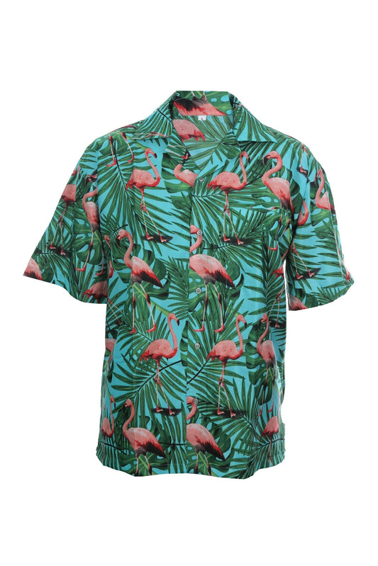 Hawaiian shirt blue/ green flamingo and palms