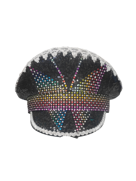 Black sequin festival hat with rainbow butterfly