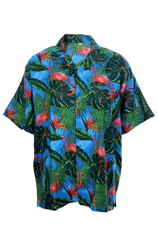 Hawaiian shirt light blue and green with parrots