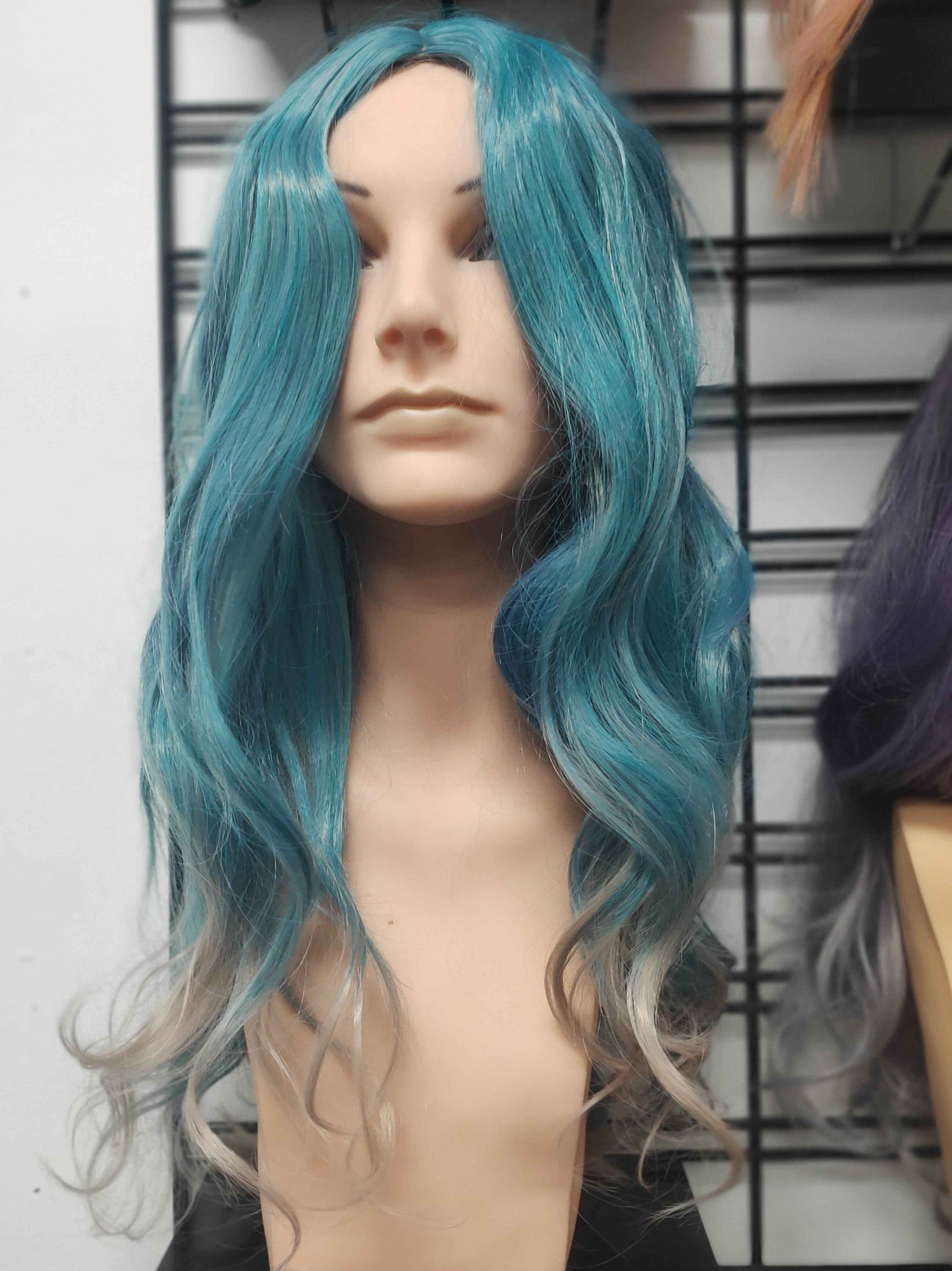 Aqua grey long curable fibre wig