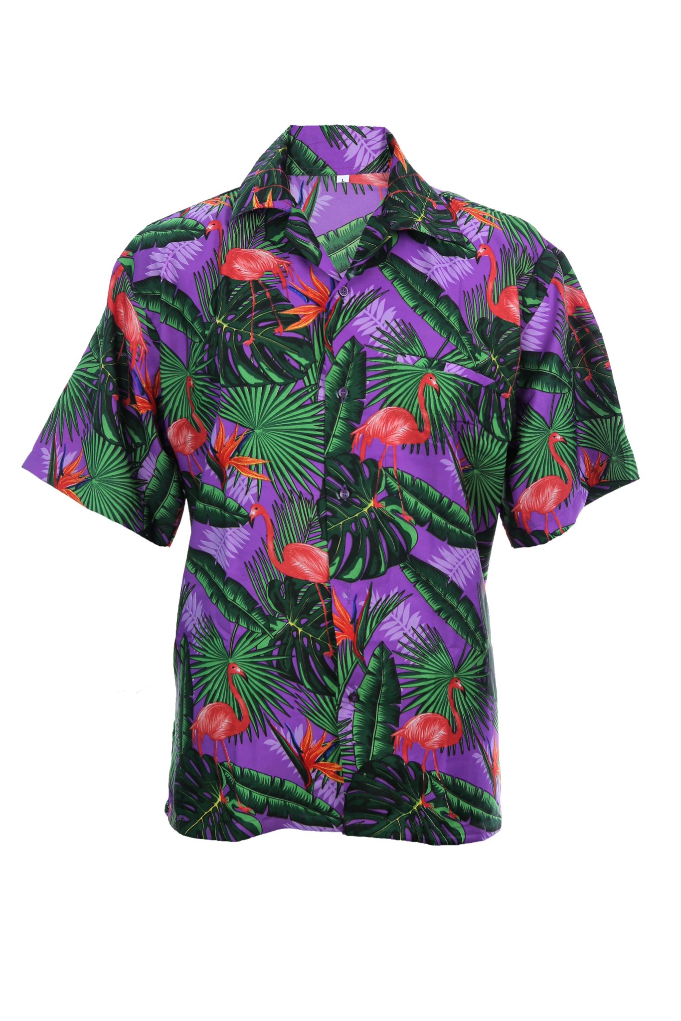 Hawaiian shirt purple with flamingos and palms