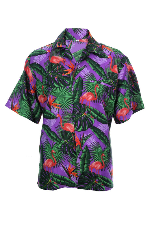 Hawaiian shirt purple with flamingos and palms